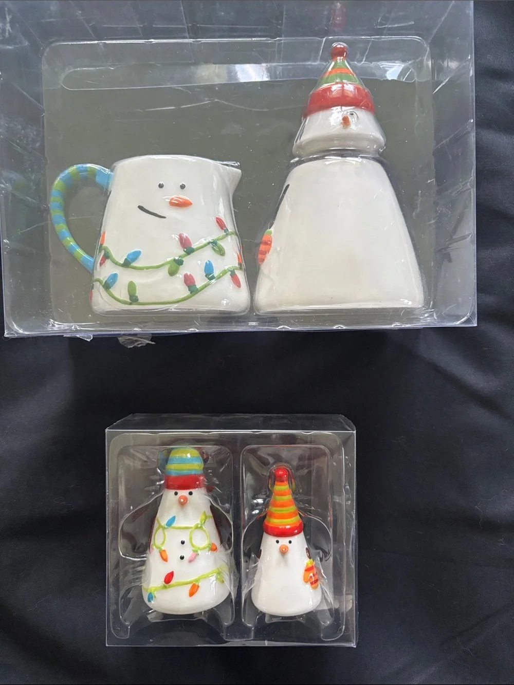 Crate&Barrel Snowman Ceramic Cream & Sugar and Salt & Pepper Shaker Set